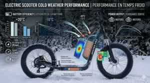 Infographic explaining lithium-ion battery efficiency for electric scooters in sub-zero Celsius temperatures.