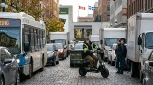 Illustration of a compact cargo electric scooter bypassing traffic in a busy Canadian city center to ensure on-time business delivery.