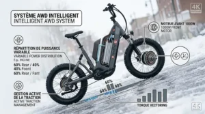 Graphic illustrating dual-motor torque distribution on an all-terrain electric scooter climbing a snowy slope.