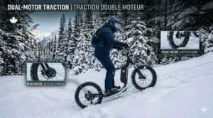 Illustration of a dual-motor electric scooter with fat tires easily ascending a snow-covered incline.