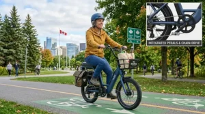 A photorealistic illustration of a rider on a standing scooter passing a Canadian regulatory sign in a park, showing bilingual speed and helmet requirements.