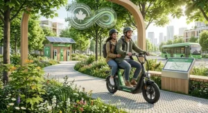 Green-themed illustration of two people riding an electric scooter past a maple leaf logo, emphasizing sustainable transport in Canada.
