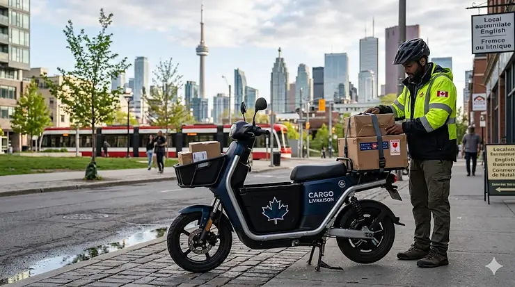 A high-definition photograph of a courier delivering packages in Toronto, Canada, using an electric cargo scooter. The CN Tower is visible in the background, along with a Toronto streetcar.