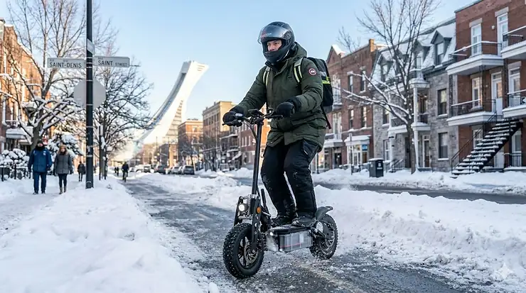 A photorealistic scene of a winter commuter riding a heavy-duty electric scooter for -30 degrees Celsius on a snowy Saint-Denis Street bike lane in Montreal, Canada.
