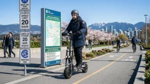 A photorealistic illustration capturing a detailed inspection of a rugged electric scooter in a bright, modern garage. A technician in a branded 'WINTER RIDE CAN' jacket points to specific safety features including integrated lights and local provincial compliance stickers, with a prominent bilingual safety poster and Vancouver skyline vista in the background.