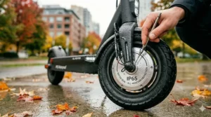 Commuter riding an IP65 water-resistant scooter in a city. / Trajet urbain en trottinette électrique IP65 résistante.