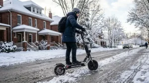 A photorealistic illustration capturing a rugged dual-motor electric scooter ascending a snow-dusted urban hill during daytime in Canada. Slush and snow splatter dynamically from the studded tires, highlighting power and traction against traditional red brick houses and snow-laden trees.