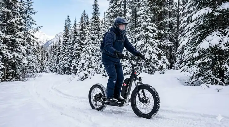 A person riding a heavy-duty electric scooter with fat tires through a snowy Canadian park with pine trees. electric scooter with fat tires for snow