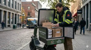 An insulated cargo electric scooter for business use delivering hot meals in a dense urban Canadian neighborhood.