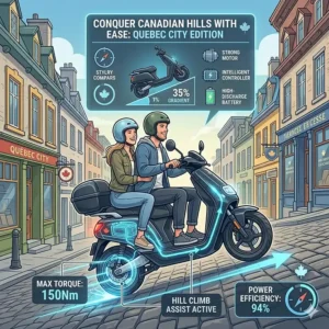 A 2 seater electric scooter for adults easily navigating a steep street in Quebec City, showcasing motor torque and power.