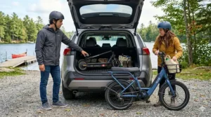 Side-by-side comparison illustration of a compact folded standing scooter versus a bulkier folded seated model in a car trunk for weekend travel.