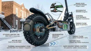 Diagram showing the safety benefits of regenerative braking on an electric scooter handling icy downhill slopes during a Canadian winter.
