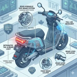 Diagram highlighting dual hydraulic brakes and LED lights on a 2 seater electric scooter for adults, meeting Canadian road safety standards.