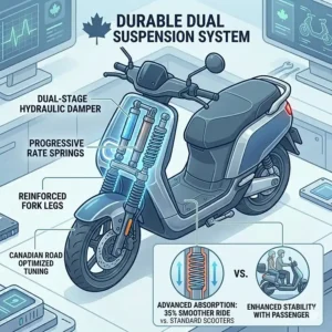 A high-detail, photorealistic illustration of a person wearing appropriate safety gear, including a modern green helmet and high-visibility clothing, while riding an electric scooter responsibly on an urban trail during autumn. This emphasizes safety for an electric scooter buying guide.