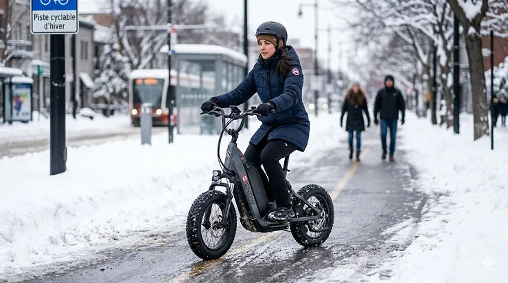 Commuter riding an electric scooter that works in snow along a cleared winter path in Montreal, Canada.
