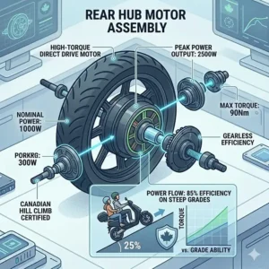 A detailed, photorealistic illustration of the large pneumatic tire on an electric scooter, showing deep tread patterns. The tire is on a slightly rough paved surface, emphasizing its ability to handle urban obstacles like potholes, a key consideration in an electric scooter buying guide.