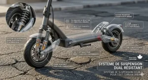 Technical illustration of the dual suspension system on a 2-person electric scooter, designed to handle bumpy Canadian city streets after winter.