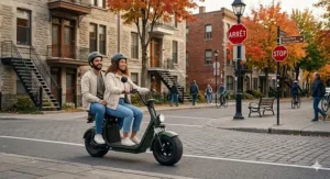 A flat vector illustration of two people sharing an electric scooter in a scenic Montreal neighborhood with bilingual "Arrêt" and "Stop" signs.