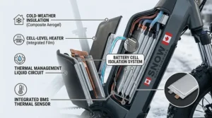 Diagram showing a cold-weather insulated lithium battery on a Canadian winter electric scooter.