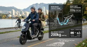A photorealistic illustration of an electric scooter's rear suspension system and motor wheel, demonstrating robustness and build quality. The scooter is on a bike path with fallen autumn leaves, reinforcing the theme of a comprehensive electric scooter buying guide.