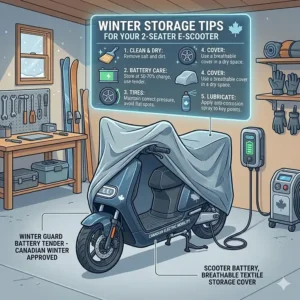 Illustration showing how to properly store a 2 seater electric scooter for adults during a Canadian winter to preserve battery life.