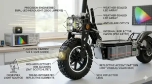 Graphic rendering of the dual high-lumen LED headlights on an electric scooter for -30 degrees Celsius, piercing through dark winter afternoon flurries.