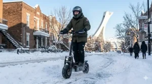 Digital illustration of a rider using a heavy-duty electric scooter for -30 degrees Celsius weather along a cleared pathway with the Calgary downtown skyline behind them.