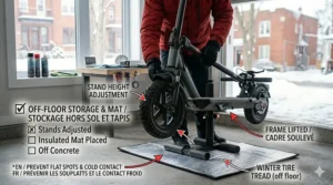 A photorealistic image of an electric scooter standing on a repair rack in a clean Canadian garage, with an insulated storage mat beneath the tires, consistent with image_2.png settings.