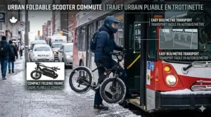 A foldable electric scooter with fat tires being carried onto a Canadian public transit bus in winter.