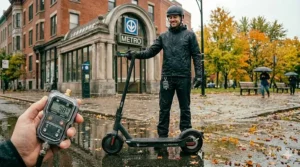 Compact foldable electric scooter with IP65 water resistance. / Trottinette électrique pliable IP65 résistante à l'eau.