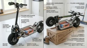 Illustration of a compact, folded electric scooter stored inside a residential Canadian mudroom, keeping the unit protected from extreme overnight -30 degrees Celsius conditions.