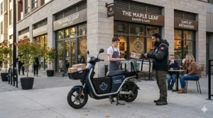 A photorealistic scene of an electric cargo scooter for delivery parked outside a local Canadian coffee shop, optimized for local food courier services.