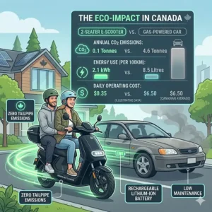 Infographic showing the CO2 savings of using a 2 seater electric scooter for adults compared to a car in a typical Canadian city.