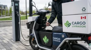 A close-up of a Canadian electric cargo scooter for delivery with a stylized green maple leaf icon, symbolizing sustainable and eco-friendly logistics.