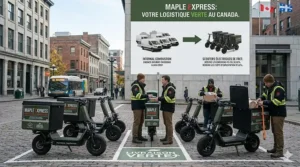 Eco-friendly logistics illustration showing a fleet of cargo electric scooters reducing carbon emissions for a Canadian small business.