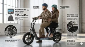 Infographic illustration highlighting the high weight capacity of an electric scooter for two people, ideal for diverse Canadian rider profiles.