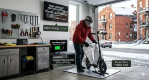 A photorealistic close-up of a bilingual English/French checklist graphic integrated into a Canadian workshop, showing final steps for how to winterize electric scooter units.