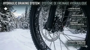 Close-up illustration of hydraulic disc brakes providing responsive stopping power on slippery, wintry surfaces.