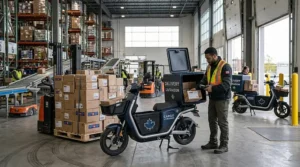 A photorealistic image of a warehouse worker loading parcels onto an electric cargo scooter for delivery, integrating with e-commerce logistics at a Canadian fulfillment center.