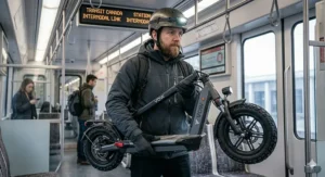 Folding electric scooter for easy storage on Canadian public transit / Trottinette électrique pliable pour le transport en commun au Canada