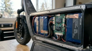 A commuter carrying a folded, lightweight cold weather electric scooter under $1000 inside a Canadian office to protect the battery from freezing temperatures.