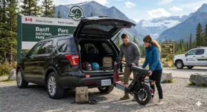 Detailed drawing of a folding electric scooter for two people being stored in a car trunk for a weekend trip to the Canadian Rockies.