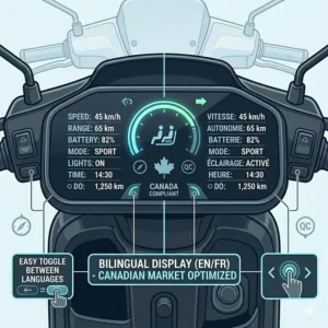 Close-up of a digital dashboard on a 2 seater electric scooter for adults featuring bilingual (English and French) settings and metrics.