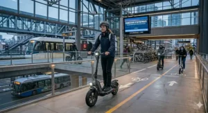 Commuter using an electric scooter in a protected Canadian bike lane / Utilisation d'une trottinette sur une piste cyclable au Canada