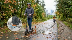 Illustration of a seated vs standing electric scooter navigating damp, autumn Canadian pavement with fallen leaves, focusing on tire stability and traction.