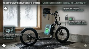 Visual guide for indoor storage and maintenance of an electric scooter during a Canadian winter.