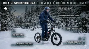 Diagram of essential winter riding gear including high-visibility clothing and thermal gloves for Canadian commuters.