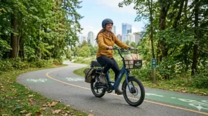 Illustration showing the ergonomic posture and physical comfort benefits of using a seated electric scooter for long-distance Canadian commutes.
