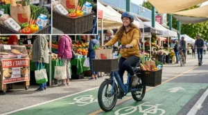 Illustration of a seated electric scooter with a large cargo basket filled with fresh groceries from a Canadian farmer's market.