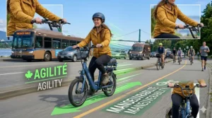 Dynamic graphic of a standing electric scooter's agile movement through urban traffic, featuring bilingual text that says 'AgilitΓ©' and 'Agility'.